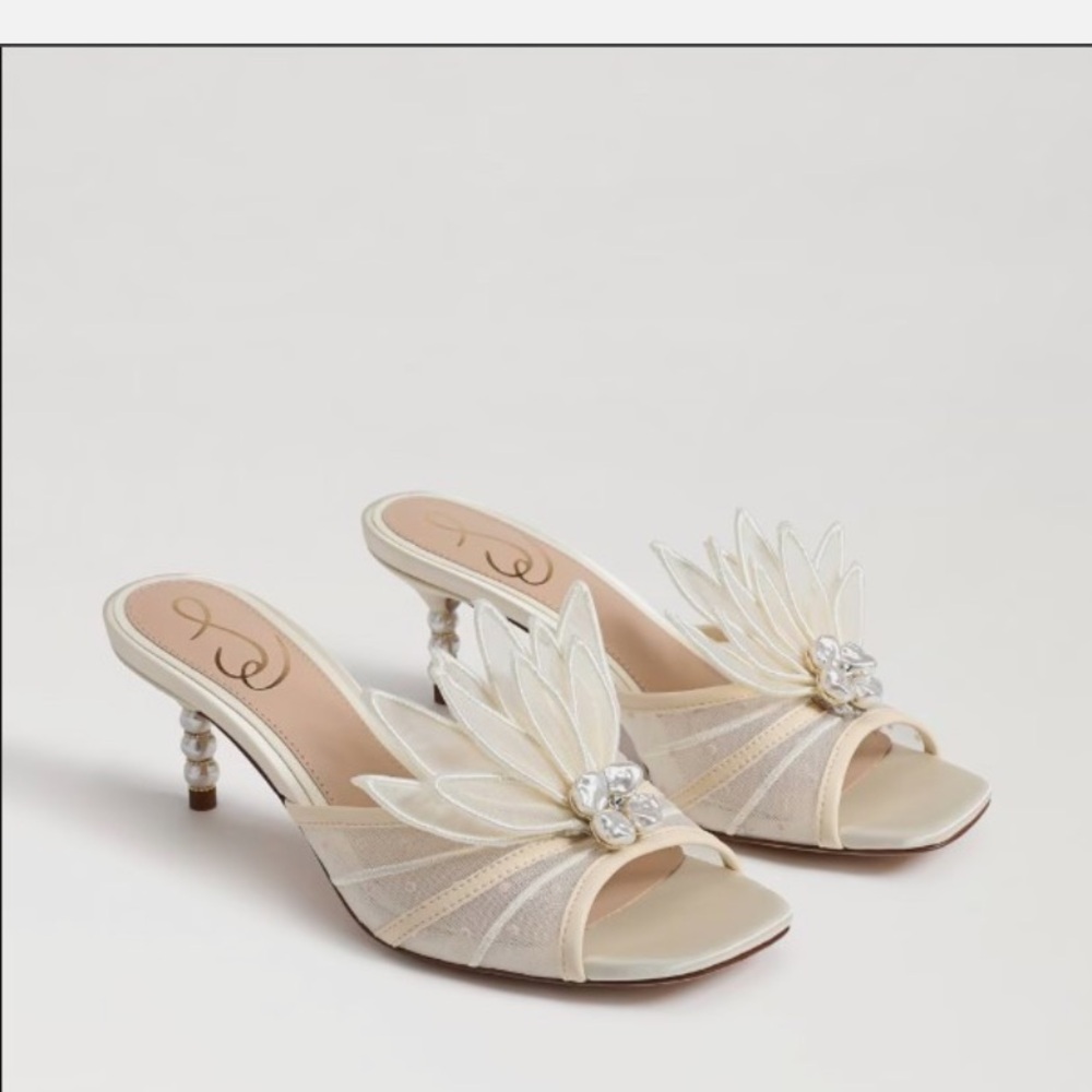 Sam Edelman Cream Kitten Heel Mules with Rhinestone Detail